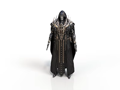 Mystical Fantasy Character In Black Robe With Pointed Hood Golden Accents Intricate Metallic Armor Details 3d model
