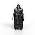 Mystical Fantasy Character In Black Robe With Pointed Hood Golden Accents Intricate Metallic Armor Details