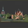 Colorful 3D Cartoon Scene of Village with Red Buildings Green Trees and Blue Domes