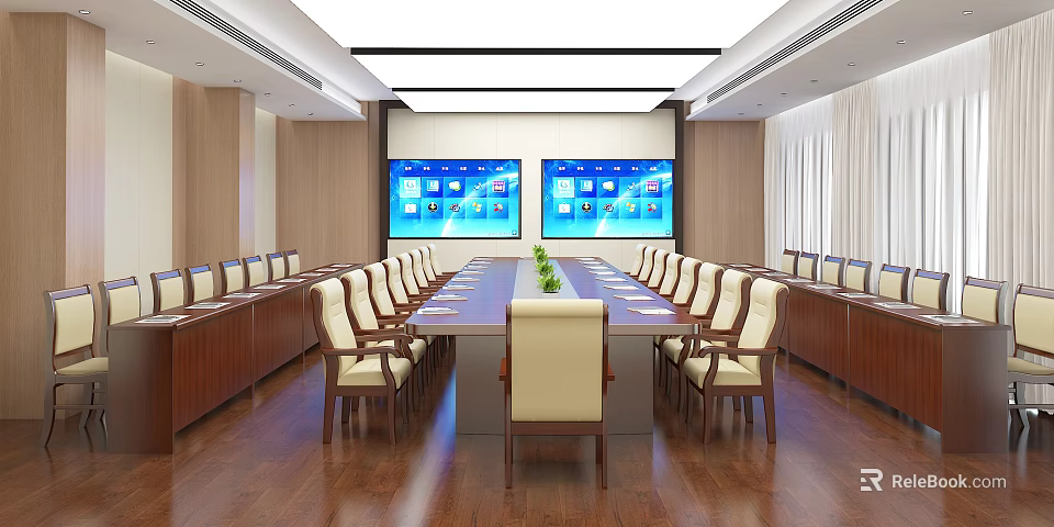 Modern Conference Room Interior With Long Table Multiple Chairs And Two Large Screens 3d model 