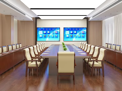 Modern Conference Room Interior With Long Table Multiple Chairs And Two Large Screens 3d model