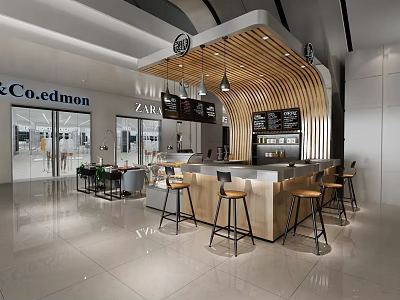 Elegant Modern Bubble Tea Shop Interior With Wooden Counter And Stylish Seating 3d model