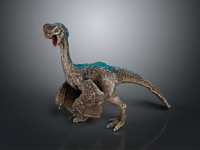 Detailed Reptile Dinosaur Model With Blue Green Brown Open Mouth Standing Pose On Gray Background 3d model