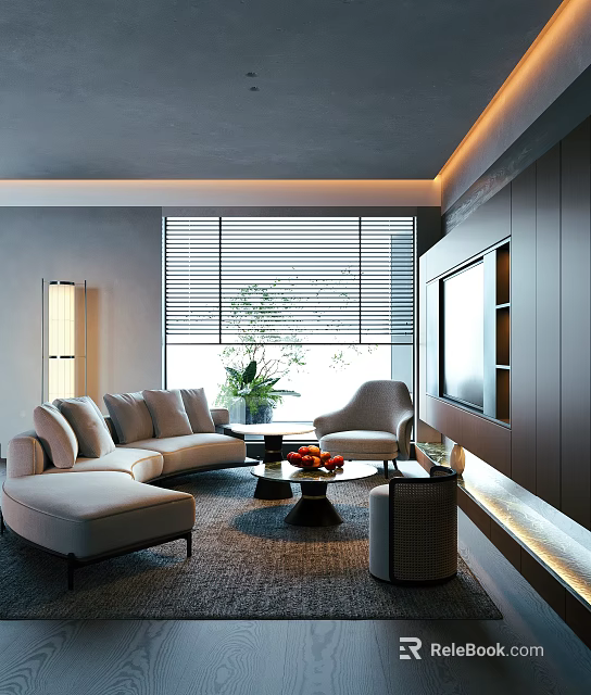 Modern Elegant Minimalist Living Room With Curved Sofa Armchair Large Window And Warm Ambient Lighting 3d model 