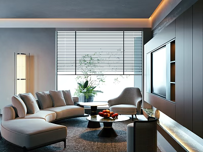 Modern Elegant Minimalist Living Room With Curved Sofa Armchair Large Window And Warm Ambient Lighting 3d model