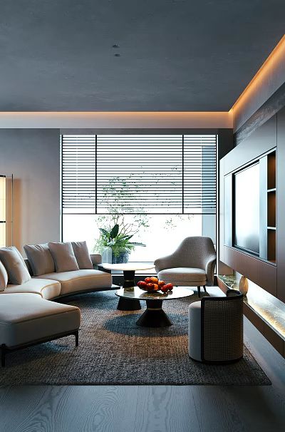 Modern Elegant Minimalist Living Room With Curved Sofa Armchair Large Window And Warm Ambient Lighting 3d model