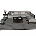 Stylish Sofa Coffee Table Combination With Decorative Pillows Side Table Lamp And Rug 3d model
