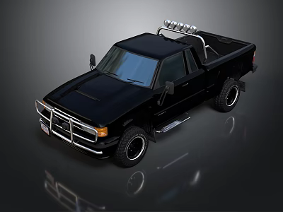 Black Single Cab Pickup Truck With Roof Rack And Off Road Tires 3d model