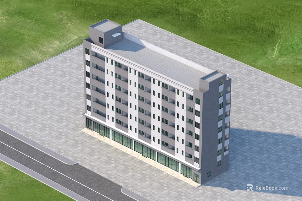Aerial Planning of Modern Multi Story Building With Glass Ground Floor and Green Surroundings 3d model 