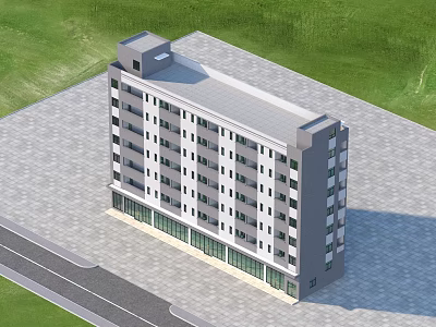 Aerial Planning of Modern Multi Story Building With Glass Ground Floor and Green Surroundings 3d model