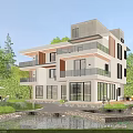 Modern Detached Villa With Large Glass Windows Balconies Lush Greenery And Pond In Surroundings