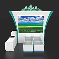 Decorative Exhibition Island with Green Ornate Top and Large Screen Displaying Blue Sky Green Field