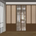 Modern Wooden Wardrobe Interior With Lattice Doors Hanging Clothes And Storage Boxes