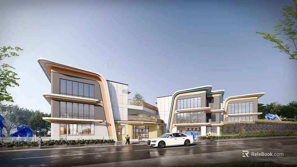 Modern Multistory School Building Exterior With Curved Roof And Glass Windows 3d model 