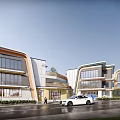 Modern Multistory School Building Exterior With Curved Roof And Glass Windows