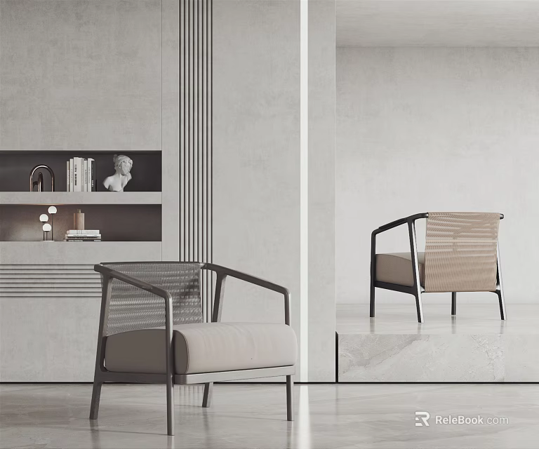 Modern Accent Chair With Rattan Backrest And Metal Frame Light Gray Cushion 3d model 