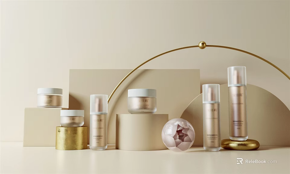 Luxury Perfume Cosmetics Display With Glass Bottles Cream Jars And Gold Accents Design 3d model 