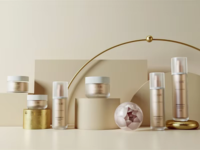 Luxury Perfume Cosmetics Display With Glass Bottles Cream Jars And Gold Accents Design 3d model