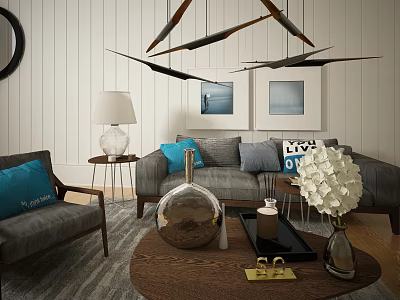Modern Gray Sofa Coffee Table Set With Wooden Top Blue Pillows Decorative Vases And Wall Art 3d model