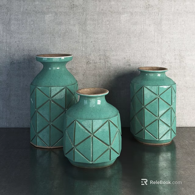 Three Green Ceramic Vases With Geometric Patterns On Dark Tabletop Against Gray Wall 3d model