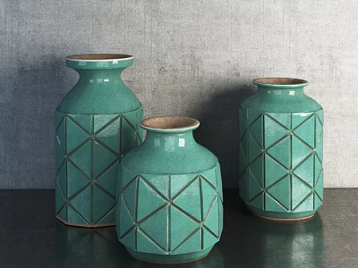 Three Green Ceramic Vases With Geometric Patterns On Dark Tabletop Against Gray Wall 3d model