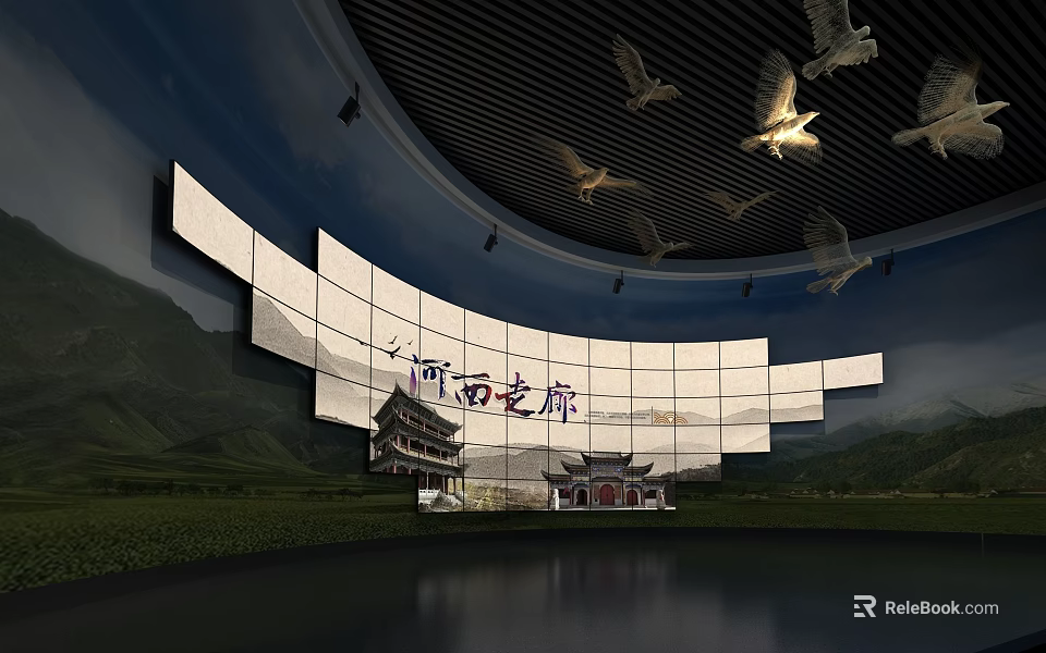 Curved Screen Display Of Hexi Corridor With Mountain Range Ancient Buildings And Flying Birds 3d model 