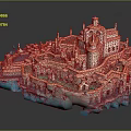 Cartoon Scene Of Fantasy Castle With Pink White Buildings Green Details And Blue Water Waves