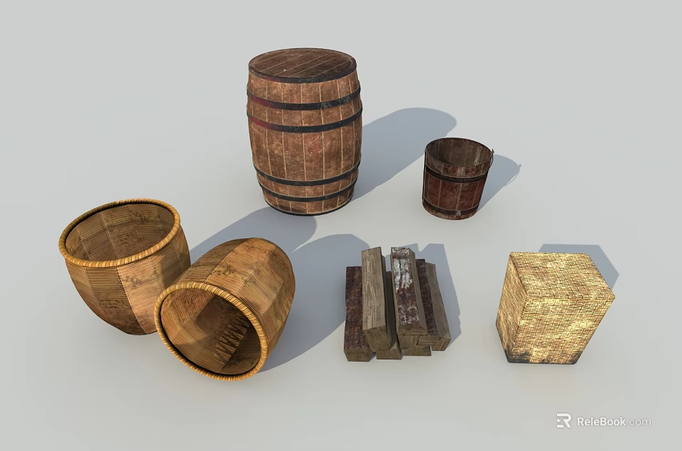 Rustic Stone And Wood Barrels Tubs Logs And Crate Display Set 3d model 