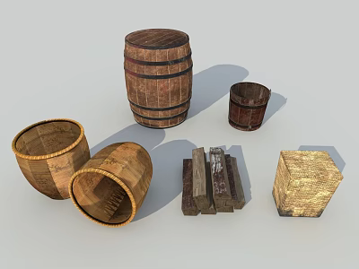 Rustic Stone And Wood Barrels Tubs Logs And Crate Display Set 3d model