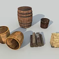 Rustic Stone And Wood Barrels Tubs Logs And Crate Display Set 3d model