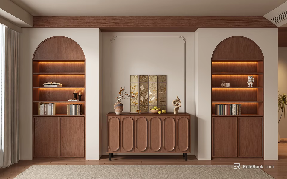 Modern Sofa Background Wall With Arched Wooden Bookshelves Lighting And Decorative Cabinet 3d model 