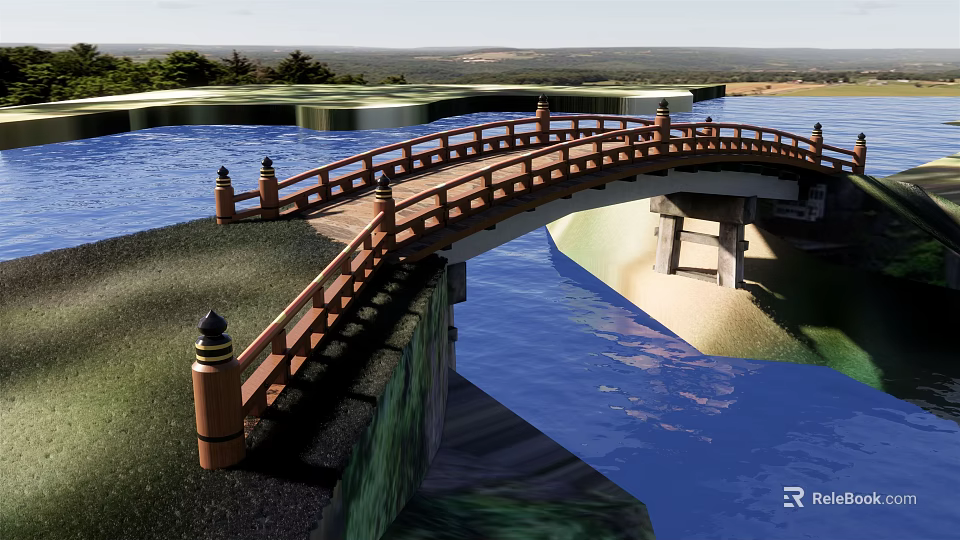 Curved Wooden Landscape Bridge With Railing Lamp Posts Over Blue Water And Green Grass 3d model 