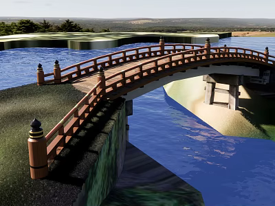 Curved Wooden Landscape Bridge With Railing Lamp Posts Over Blue Water And Green Grass 3d model