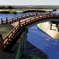 Curved Wooden Landscape Bridge With Railing Lamp Posts Over Blue Water And Green Grass