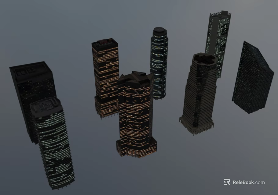 Modern High Rise Office Buildings In Urban Night Scene With Illuminated Lights 3d model 