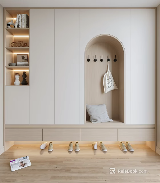 Modern Shoe Cabinet Design With Coat Hooks Seating Area And Shoe Storage 3d model 