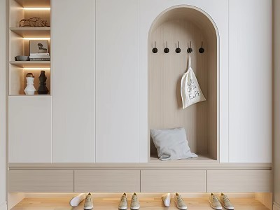 Modern Shoe Cabinet Design With Coat Hooks Seating Area And Shoe Storage 3d model