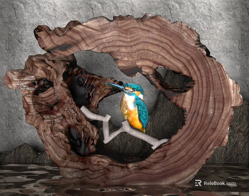 Decorative Ornament Set With Wooden Circular Frame And Blue Kingfisher On Branch 3d model 