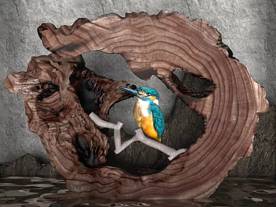 Decorative Ornament Set With Wooden Circular Frame And Blue Kingfisher On Branch 3d model