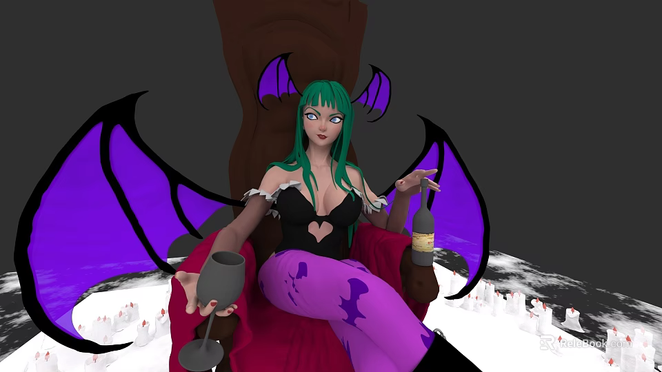 Game Movie Character With Green Hair Purple Wings Black Top And Wine Glass 3d model 