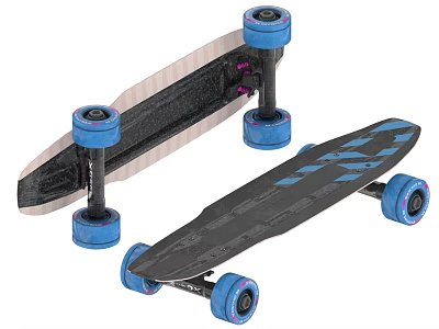 Sports equipment black skateboard with blue wheels and stylish deck design 3d model