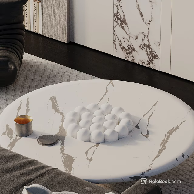 Modern Sofa And Coffee Table Set With Round Marble Top And Decorative White Balls 3d model 