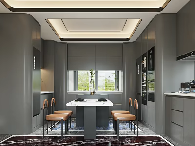 Modern Kitchen Interior Design With Gray Cabinets Central Island Counter Stools And Window 3d model