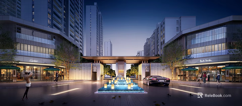 Modern Residential Entrance With Central Fountain Luxury Car And Tall Buildings At Evening 3d model 