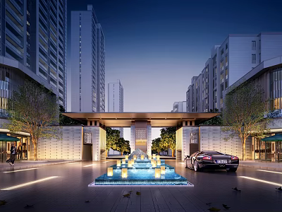 Modern Residential Entrance With Central Fountain Luxury Car And Tall Buildings At Evening 3d model