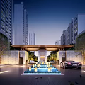 Modern Residential Entrance With Central Fountain Luxury Car And Tall Buildings At Evening