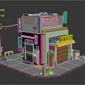 Vibrant 3D Modeled Cafe Shop With Pink Green Facade Street Lamp And Tables