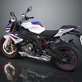 BMW Street Motorcycle White Blue Red Stripes Black Seat Black Tires Red Wheel Dark Background