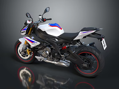 BMW Street Motorcycle White Blue Red Stripes Black Seat Black Tires Red Wheel Dark Background 3d model