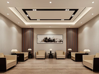 Hotel Public Lounge Area With Beige Sofas Wooden Coffee Tables Soft Lighting And Decorative Painting 3d model